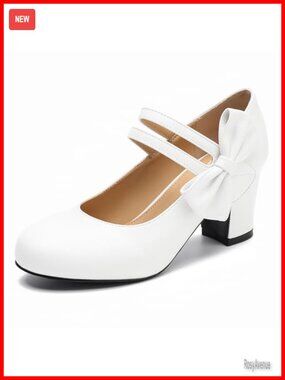 Women's Mary Jane Pumps Round Closed Toe Chunky Heel with Bow Double Strap